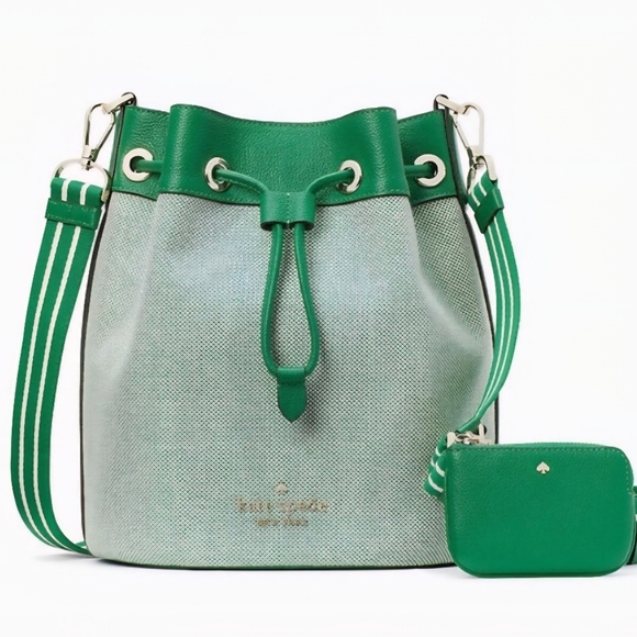 Kate Spade Green Apple Rosie Bucket Bag Pebbled Leather Canvas Crossbody Purse - Picture 1 of 12